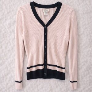 Vintage YarnWorks Pink Black Trim Cardigan Sweater Women’s Medium Ribbed